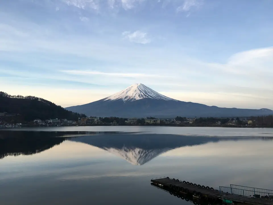 日出後的河口湖與富士山｜<a href="https://unsplash.com/photos/body-of-water-near-mountain-under-blue-sky-during-daytime-cCw6KQVJnyU" target="_blank" rel="noopener">Unsplash 原圖</a>